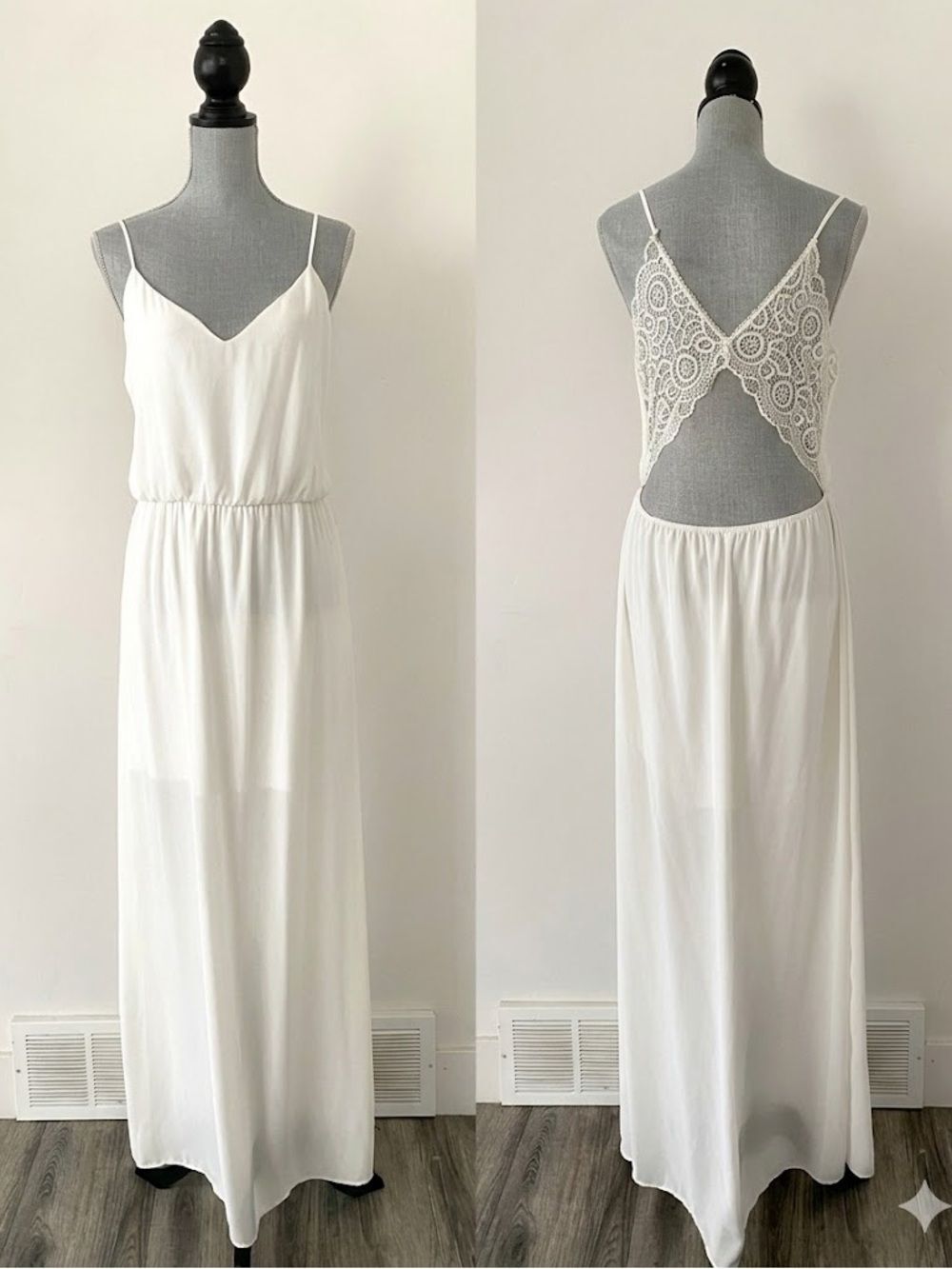 Elegant White Lace-Back Maxi Slip Dress Sz L Classic Timeless Trending Minimal